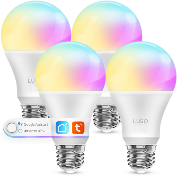 Smarte Lampe E27 – 4 Stück Smarte Beleuchtung – RGB 16 Millionen Farben – Für Google Home und Amazon Alexa – Sprachsteuerung – Inkl. App