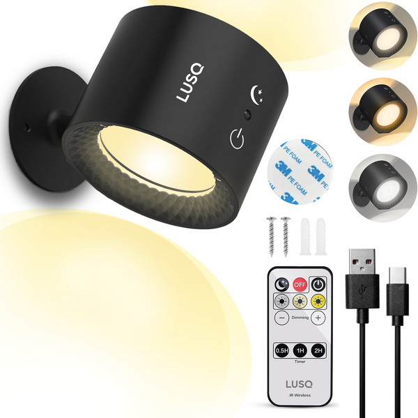 LUSQ® - LED Wandlamp Oplaadbaar - Wandlamp Binnen - USB Oplaadbaar - Draadloos - Dimbaar – Batterij - Slaapkamer - Woonkamer - Nachtlampje - 360° rotatie - Zonder Boren - Afstandsbediening - Zonder Boren - Touch Control - Trapverlichting - Zwart