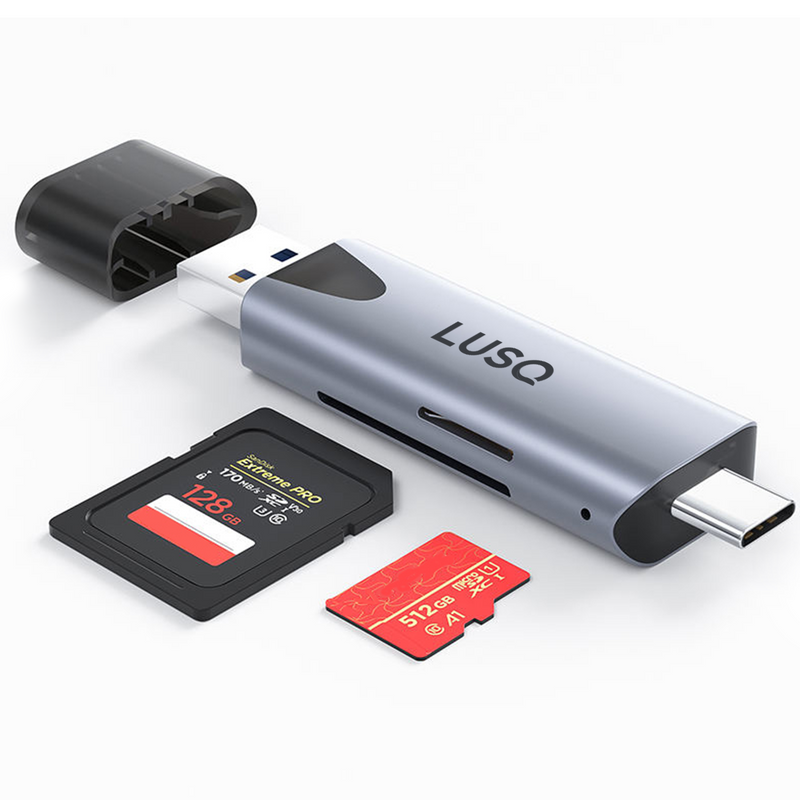 LUSQ® SD Kaartlezer - USB 3.0 Card Reader - OTG Kaartlezer - High Speed Cardreader voor SD/Micro SD - Geschikt voor Telefoon, PC en Tablet - Aluminium