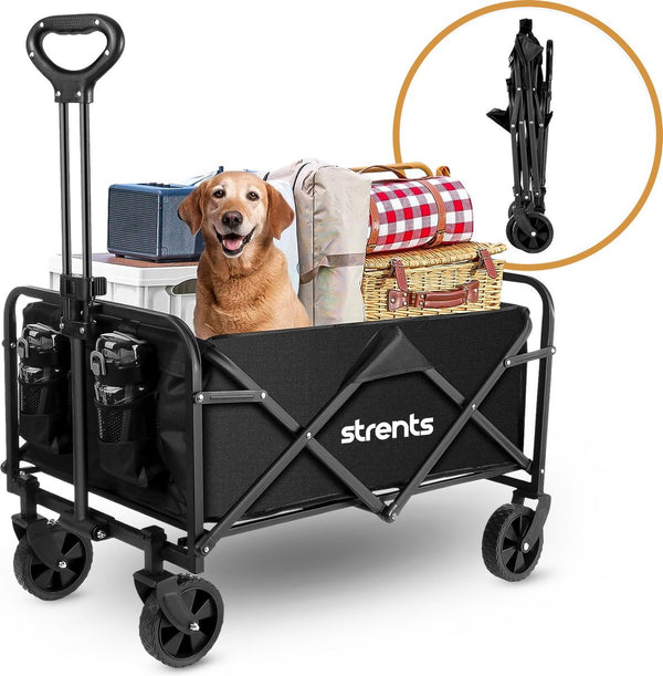 Strents® Opvouwbare Bolderkar Tot 120kg Draagvermogen - Zwart 83x47x60cm - Inhoud 120L Bolderwagen met Duwstang - Bolder Wagen Strandkar - Opvouwbare Draag Kar