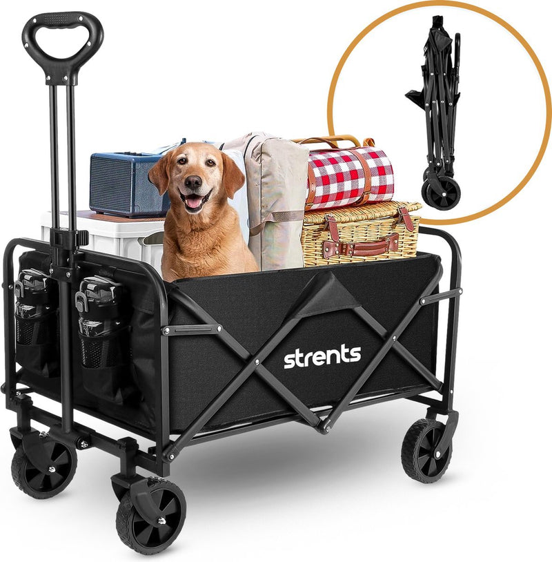 Strents® Opvouwbare Bolderkar Tot 120kg Draagvermogen - Zwart 83x47x60cm - Inhoud 120L Bolderwagen met Duwstang - Bolder Wagen Strandkar - Opvouwbare Draag Kar