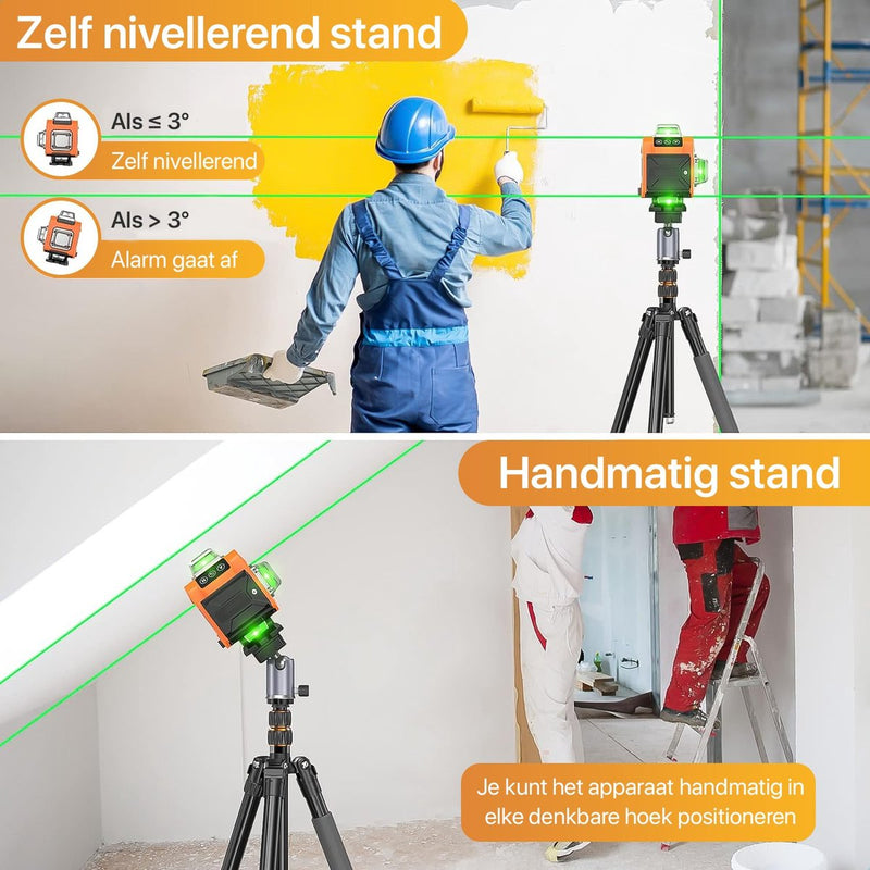 4D Kruislijnlaser Inclusief Draagkoffer en Batterij - Zelfnivellerend Bouwlaser met 4 tot 16 Lijnen - 50 Meter Meetbereik - 360 Graden Rotatie Zelfnivellerende Laser - Zelf Nivellerend Kruislijn Laser - Bouw Kruislaser - Klus - Rotatielaser