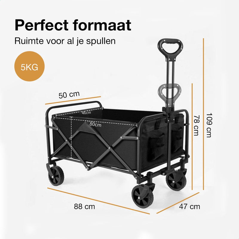 Strents® Opvouwbare Bolderkar Tot 120kg Draagvermogen - Zwart 83x47x60cm - Inhoud 120L Bolderwagen met Duwstang - Bolder Wagen Strandkar - Opvouwbare Draag Kar