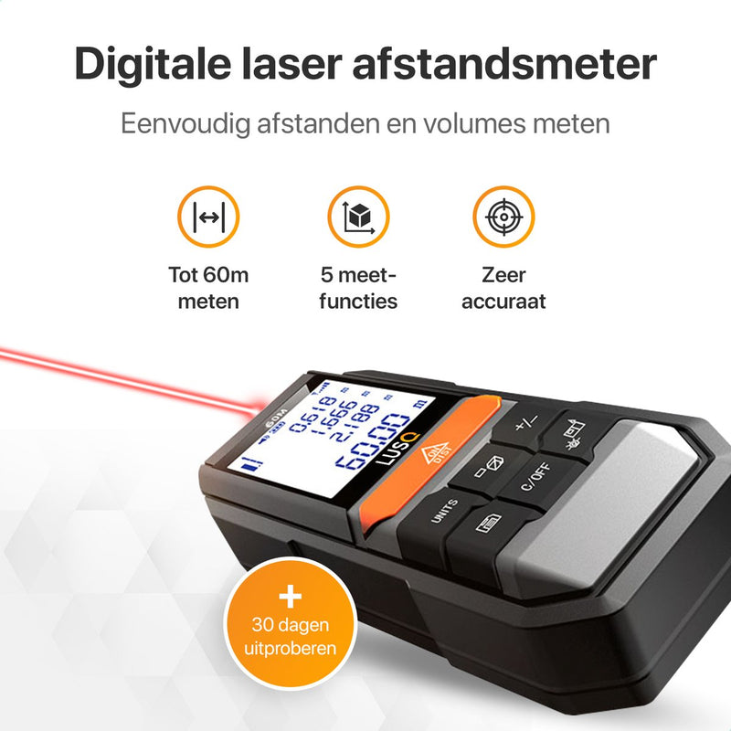 Professionele Laser afstandsmeter - 60 meter bereik- Verlicht LCD scherm - Lasermeter