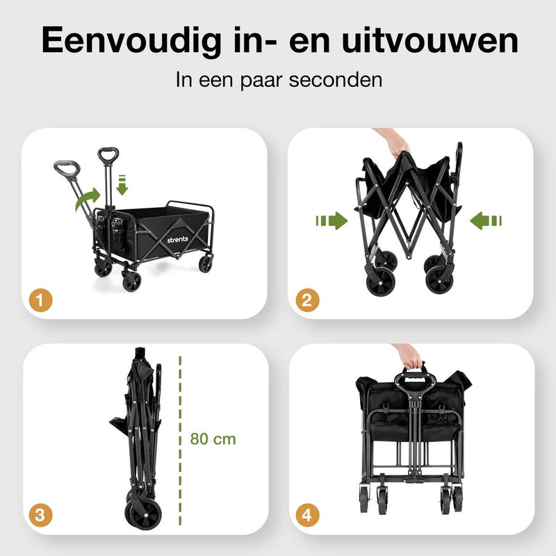 Strents® Opvouwbare Bolderkar Tot 120kg Draagvermogen - Zwart 83x47x60cm - Inhoud 120L Bolderwagen met Duwstang - Bolder Wagen Strandkar - Opvouwbare Draag Kar