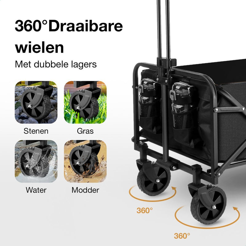 Strents® Opvouwbare Bolderkar Tot 120kg Draagvermogen - Zwart 83x47x60cm - Inhoud 120L Bolderwagen met Duwstang - Bolder Wagen Strandkar - Opvouwbare Draag Kar