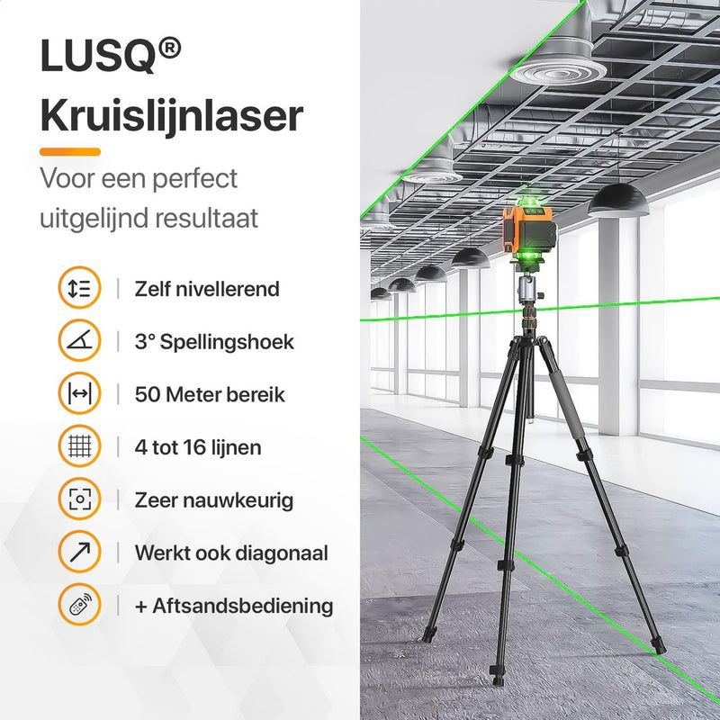 4D Kruislijnlaser Inclusief Draagkoffer en Batterij - Zelfnivellerend Bouwlaser met 4 tot 16 Lijnen - 50 Meter Meetbereik - 360 Graden Rotatie Zelfnivellerende Laser - Zelf Nivellerend Kruislijn Laser - Bouw Kruislaser - Klus - Rotatielaser