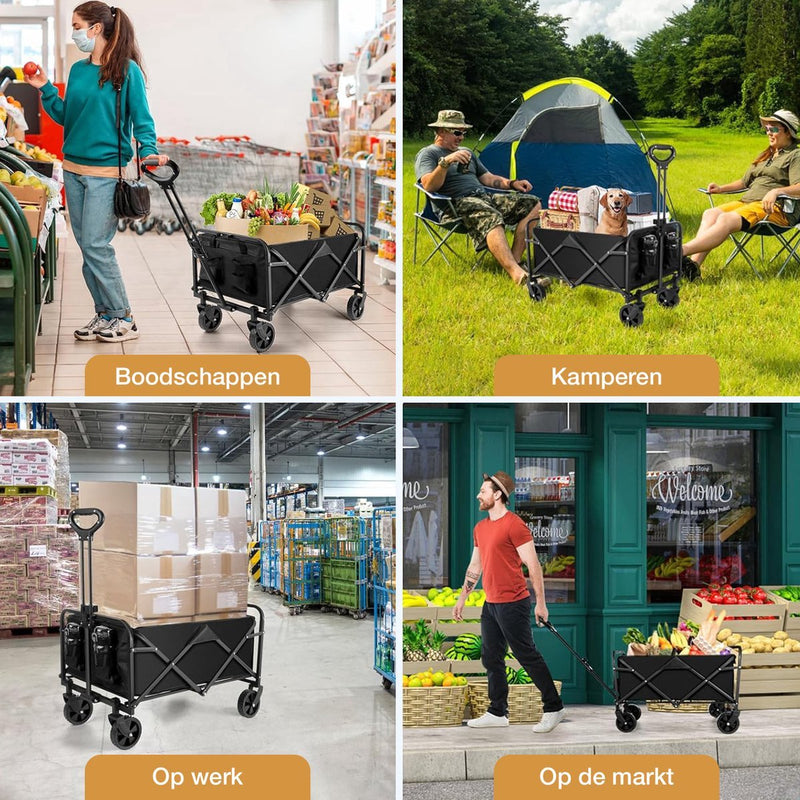 Strents® Opvouwbare Bolderkar Tot 120kg Draagvermogen - Zwart 83x47x60cm - Inhoud 120L Bolderwagen met Duwstang - Bolder Wagen Strandkar - Opvouwbare Draag Kar
