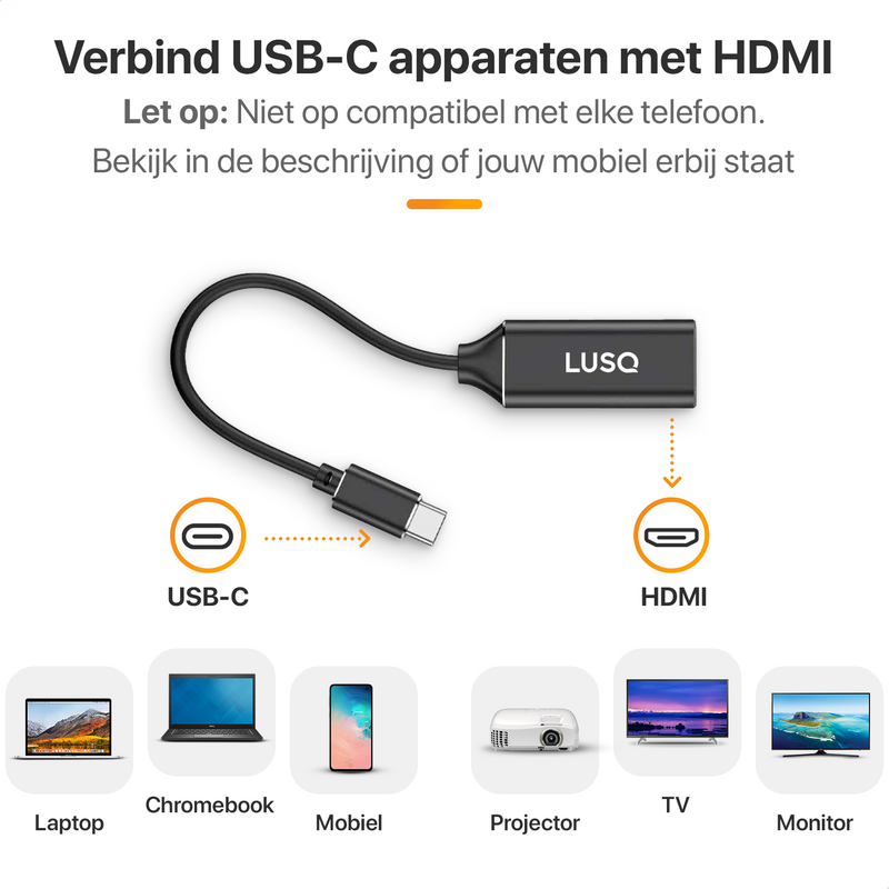 LUSQ® - USB C naar HDMI Adapter - Ondersteunt 4K @30Hz - Converter - Type C to HDMI - Thunderbolt 3 - Zwart