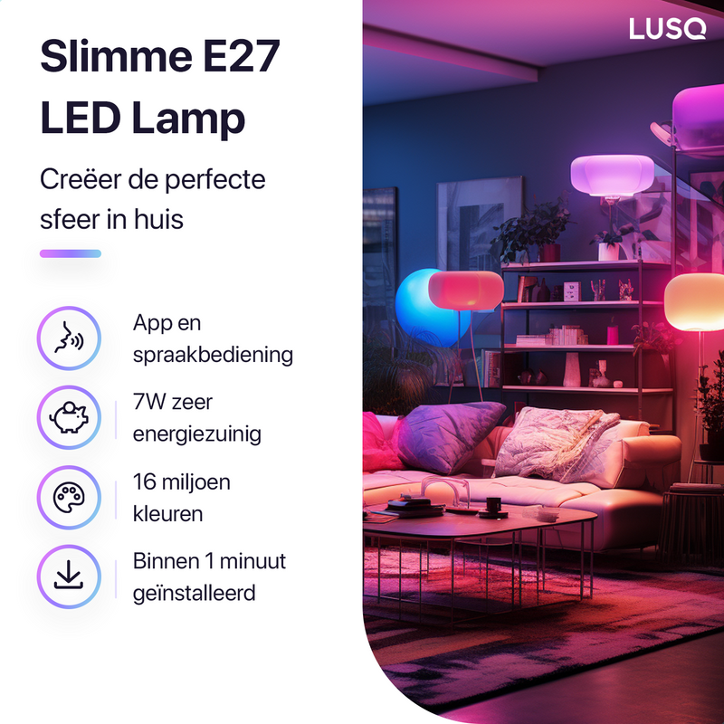 Smart Lamp E27 – 4 Stuks Slimme verlichting – RGB 16 Miljoen Kleuren – Voor Google Home en Amazon Alexa – Voice Control – Incl. App