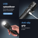 LUSQ® Led Zaklamp - Oplaadbaar - 5W - IP46 Waterdicht - 350 meter - 1500 oplaadbare Lithium batterij - 4 standen - In en uitzoom baar - Aluminium - Incl. Oplader - Incl. oplaadbare batterij- vaderdag cadeau - Zwart