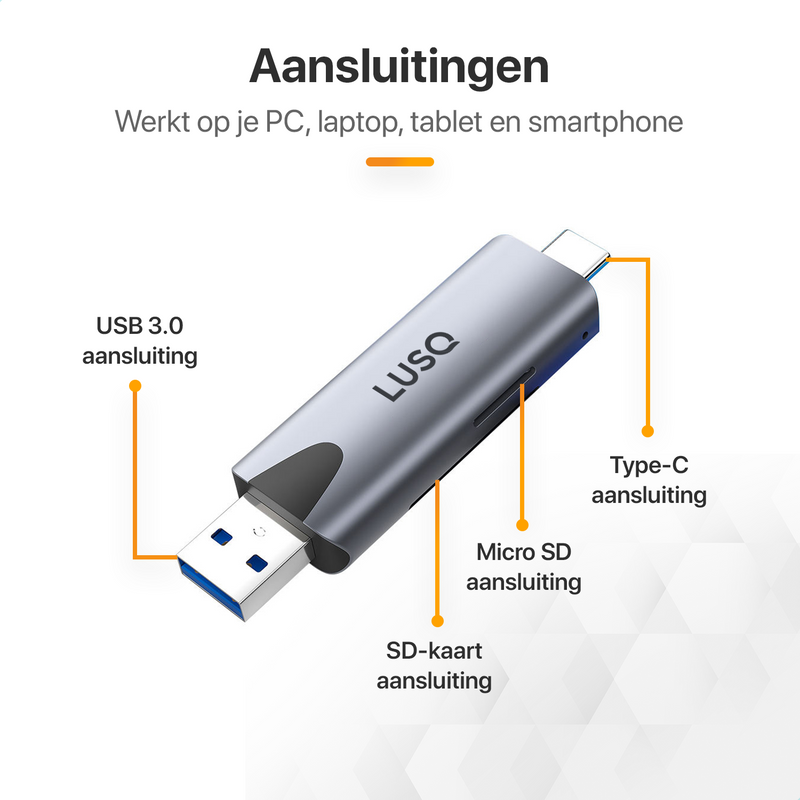 LUSQ® SD Kaartlezer - USB 3.0 Card Reader - OTG Kaartlezer - High Speed Cardreader voor SD/Micro SD - Geschikt voor Telefoon, PC en Tablet - Aluminium