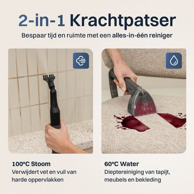 LUSQ Tapijtreiniger PRO 1800W - Stoomreiniger en vlekkenreiniger - 6 Opzetstukken - 100° Stoom - Zelfreinigend en Schoonmaakmiddel - Bankreiniger - Meubelreiniger - Handstomer