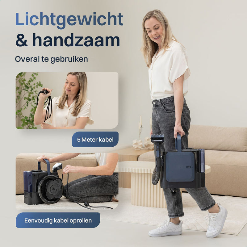 LUSQ Tapijtreiniger PRO 1800W - Stoomreiniger en vlekkenreiniger - 6 Opzetstukken - 100° Stoom - Zelfreinigend en Schoonmaakmiddel - Bankreiniger - Meubelreiniger - Handstomer
