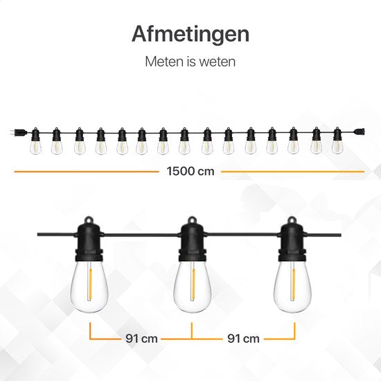 Buitengloed LED lichtsnoer 15m voor Buiten - Tuinverlichting - Lampjes Slinger - Lichtslinger - 2700K / Waterdicht