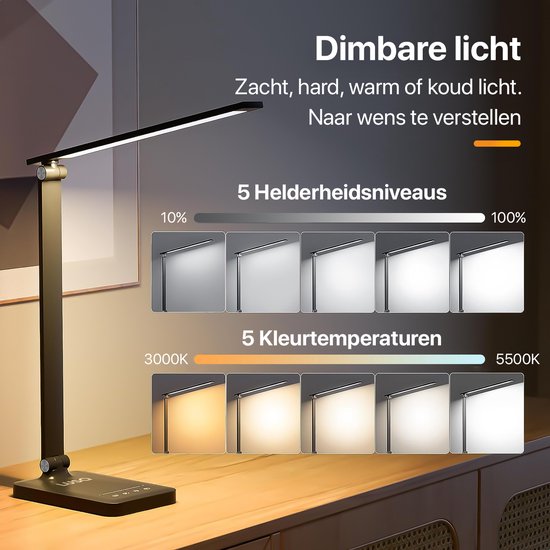 Bureaulamp - LED - USB en Draadloos Opladen - Timer - Dimbaar - Wit en Warm Licht - Zwart