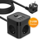 Cube Stekkerdoos met Schakelaar - 3 USB Poorten - 3 Stopcontacten - Zwart
