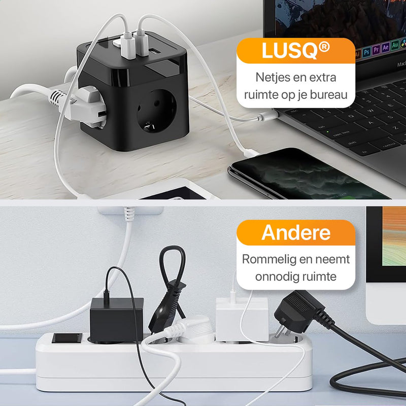 Cube Stekkerdoos met Schakelaar - 3 USB Poorten - 3 Stopcontacten - Zwart