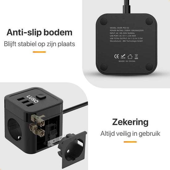 Cube Stekkerdoos met Schakelaar - 3 USB Poorten - 3 Stopcontacten - Zwart
