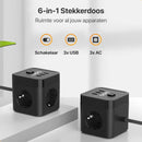 Cube Stekkerdoos met Schakelaar - 3 USB Poorten - 3 Stopcontacten - Zwart