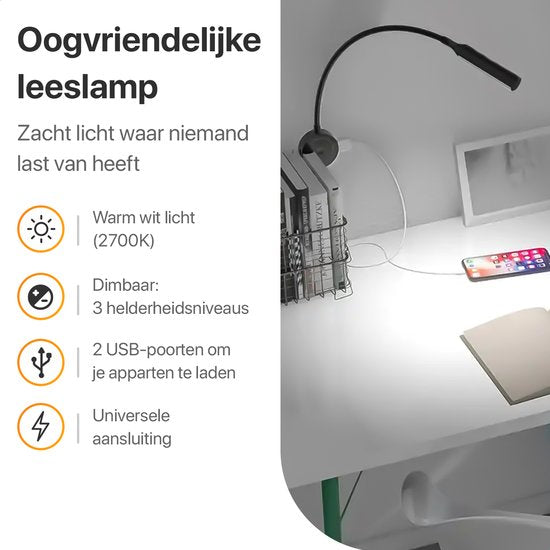 LUSQ® - Leeslamp Bed met Dimfunctie - Bedlampjes leeslampjes Volwassenen Slaapkamer - Leeslampje Boxspring - Hoofdbord Bedlampje - Met USB - laadpoort