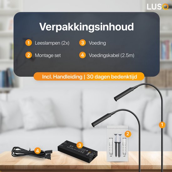LUSQ® - Leeslamp Bed met Dimfunctie - Bedlampjes leeslampjes Volwassenen Slaapkamer - Leeslampje Boxspring - Hoofdbord Bedlampje - Met USB - laadpoort