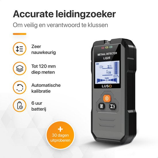 LUSQ® - Leidingdetector - Detecteert tot 120 mm Diep - Automatisch Kalibreren - Hout - Metaal - Leidingen en Bedrading - Inclusief 9V Batterij