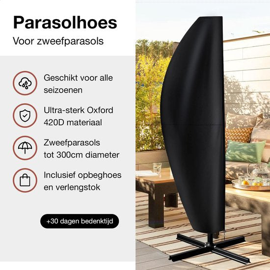 Parasolhoes voor Zweefparasol - Tot 300cm - Waterdicht - Oxford 420D - Met Rits, Trekkoord en Stok - Zwart
