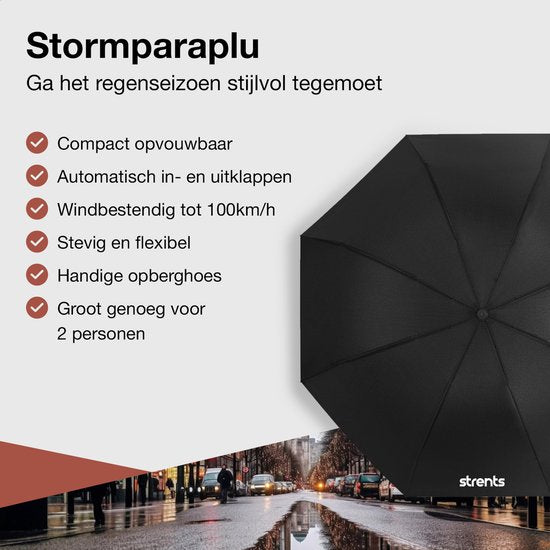 Stormparaplu Opvouwbaar - Stormparaplu's - Inklapbaar - Ø 110 cm - Windproof tot 100km p/u - Grote Paraplu - Automatisch - Zwart