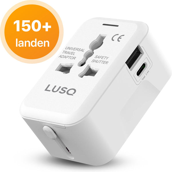 Universele Wereldstekker - 150+ Landen - 1 USB en 1 USB-C - Reisstekker Wereld - Wit