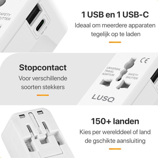 Universeller Weltstecker – 150+ Länder – 1 USB und 1 USB-C – Reisestecker Welt – Weiß
