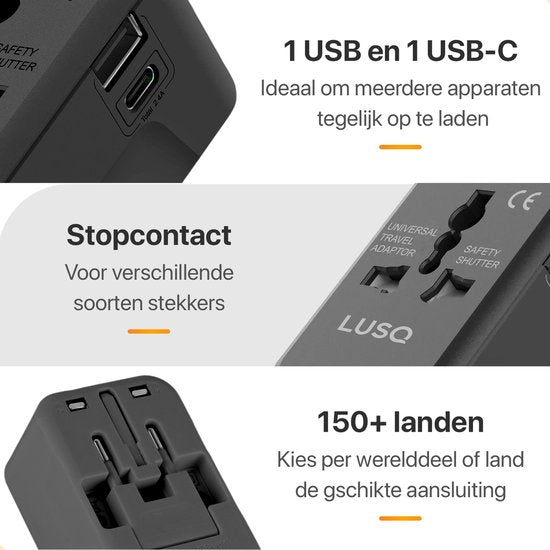 Universele Wereldstekker - 150+ Landen - 1 USB en 1 USB-C - Reisstekker Wereld - Zwart