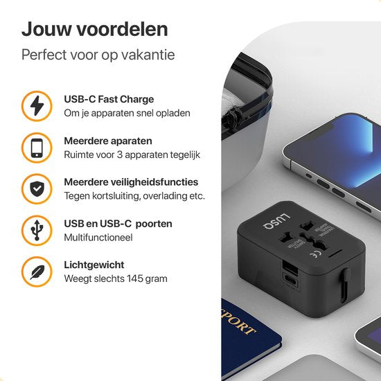 Universal World Plug – 150+ Länder – 1 USB und 1 USB-C – Travel Plug World – Schwarz