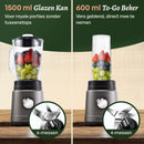 CHEFSHAUS Küchenmixer – 1,5-Liter-Glasbehälter &amp; 700-ml-Becher für unterwegs – Grau/Schwarz – 1200-W-Smoothie-Maker – BPA-frei