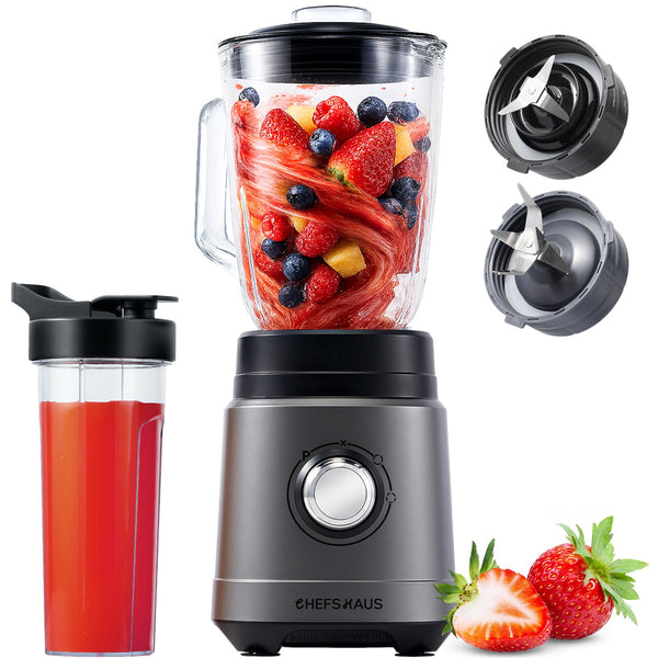 CHEFSHAUS Kitchen Blender - 1,5L Glas & 700ml To-Go beker - Grijs/Zwart - 1200W Smoothie maker - BPA-vrij