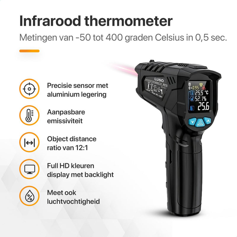 Infrarood Thermometer - Digitale Warmtemeter - Bereik van -50 tot 400 °C - Warmte Thermo Meter - Laser Pyrometer