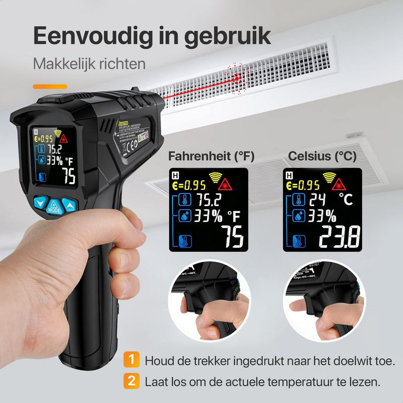 Infrarood Thermometer - Digitale Warmtemeter - Bereik van -50 tot 400 °C - Warmte Thermo Meter - Laser Pyrometer