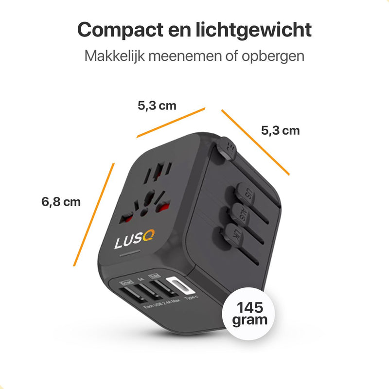 Reisstekker voor Wereld - 4 USB Poorten - 170+ Landen - Wereldstekker Universeel - Zwart