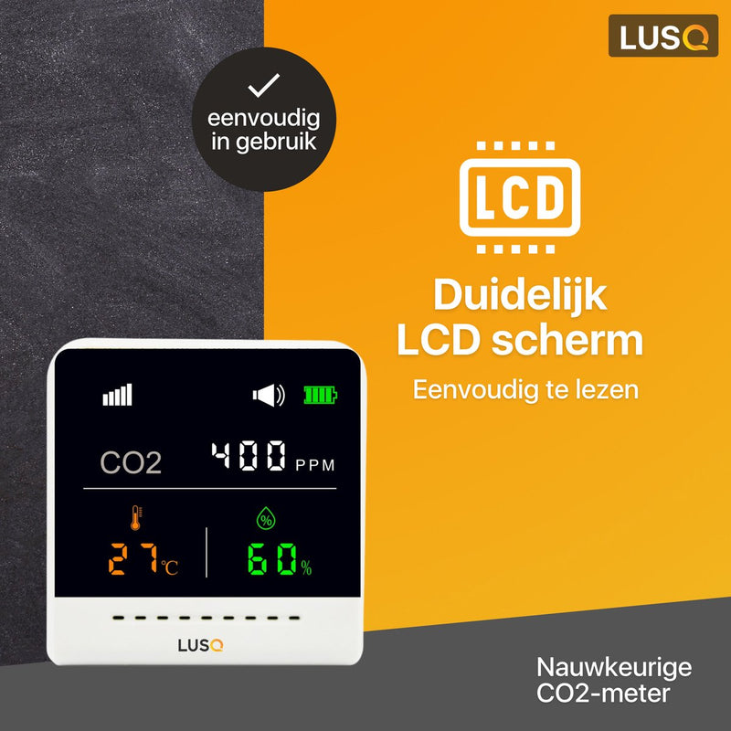 CO2 meter met NDIR sensor – Luchtkwaliteitsmeter – CO2 meter binnen – CO2 melder & monitor – draagbaar en oplaadbaar – Met alarm