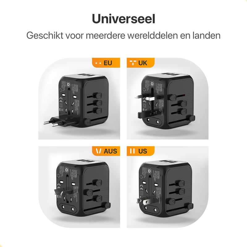 Reisstekker voor Wereld - 4 USB Poorten - 170+ Landen - Wereldstekker Universeel - Zwart
