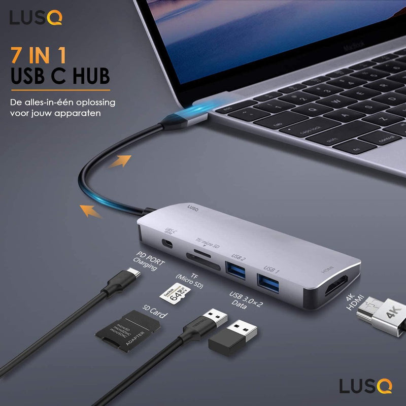 LUSQ® USB C Hub 7 in 1 - 3 x USB 3.0 - 4K HDMI - USB C Oplader - Micro SD / TF Kaartlezer - Space Grijs