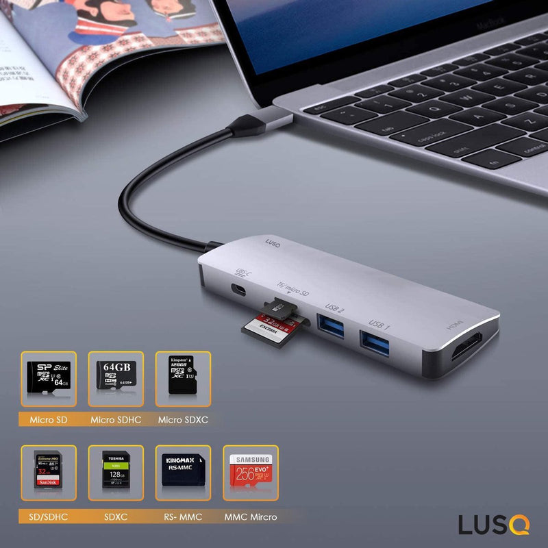 LUSQ® USB C Hub 7 in 1 - 3 x USB 3.0 - 4K HDMI - USB C Oplader - Micro SD / TF Kaartlezer - Space Grijs